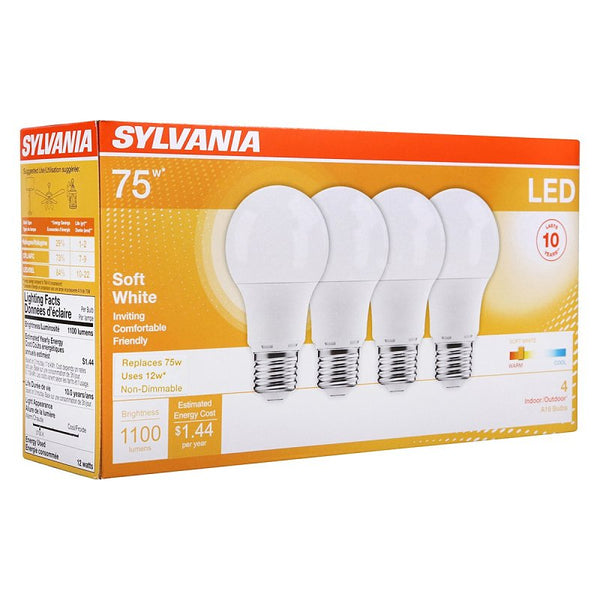 Ledvance SYLVANIA LED Light Bulb, 75W Equivalent A19, Efficient 12W, Medium Base, Frosted Finish, 1100 Lumens, Soft White - 4 Pack (78097)