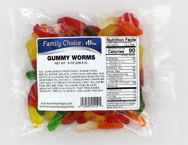 Ruckers Wholesale & Service Co Inc Family Choice Gummy Worms Assorted Candy 8 oz. - Case of: 1212 1119 (12-Pack)