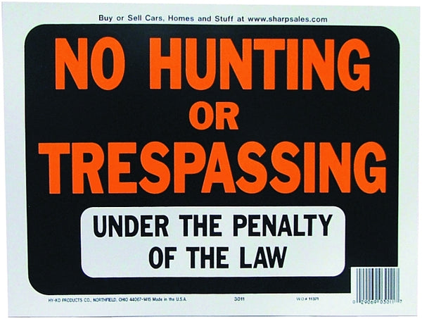 HY-KO Products 3011 NO Hunting/TRESPASSING Plastic Sign, 8.5" x 12"