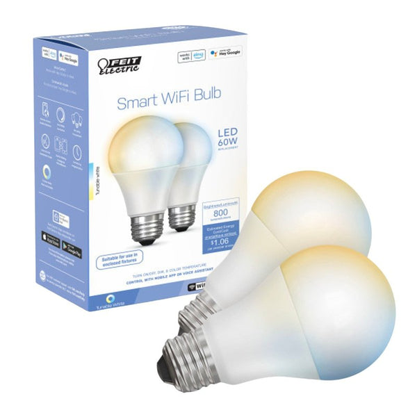 Feit Electric A19 Smart LED Light Bulb, 60W Equivalent, Tunable White, Alexa & Google Home Compatible, 2.4 GHz Wi-Fi, 90+ CRI, Non-Dimmable, 800 Lumens, 25,000-Hour Lifetime, OM60/CCT/CA/AG