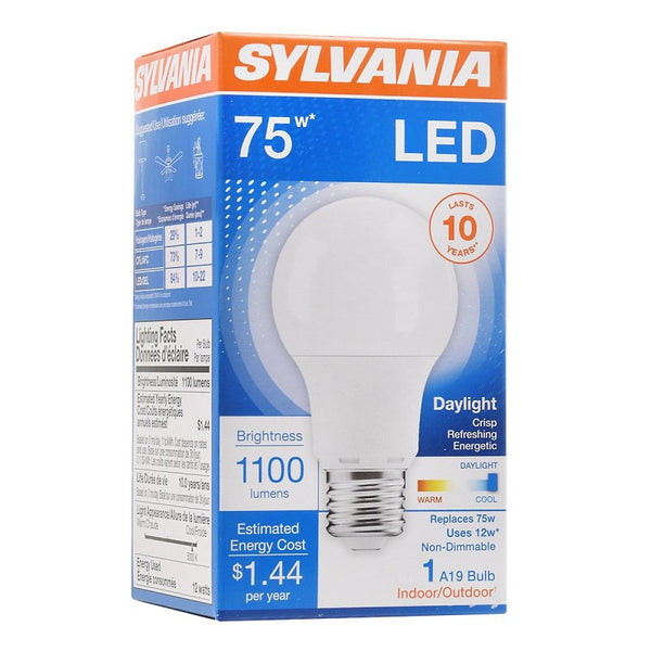 Ledvance SYLVANIA LED Light Bulb, 75W Equivalent A19, Efficient 12W, Medium Base, Frosted Finish, 1100 Lumens, Daylight - 1 Pack (79293)