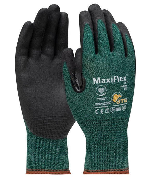 ATG 34-8743T/L Maxiflex Cut, Green Eng Yarn Shell, Blk Nitrile Microfoam Grip, Tagged Green L