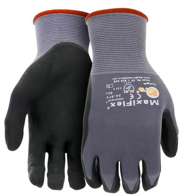 ATG 34-874T/L Maxiflex Ultimate, 15G Gray Nylon Shell, Black Nitrile Grip, Tagged Gray L