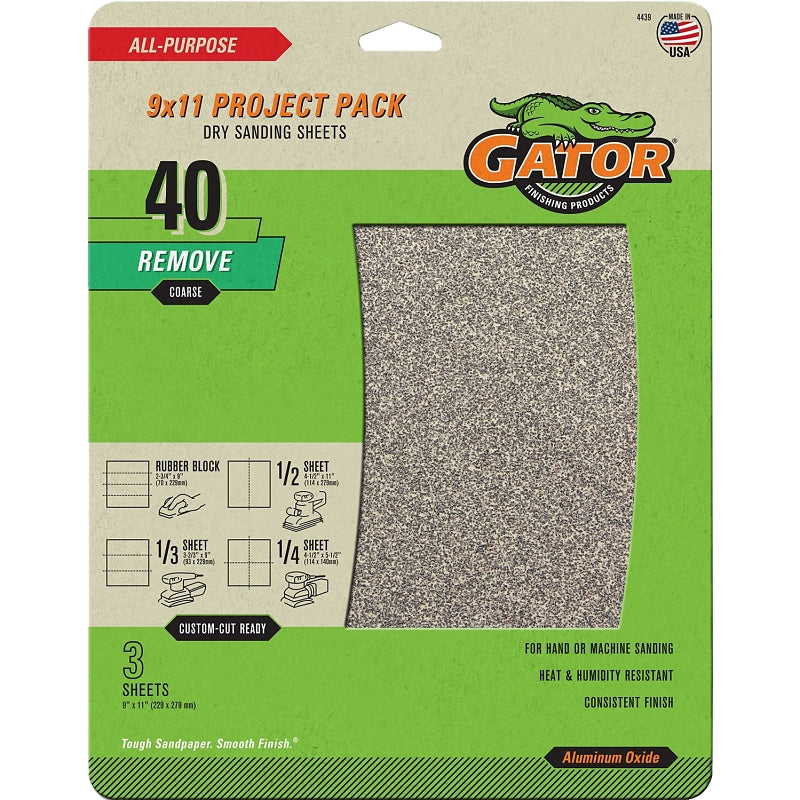 ALI INDUSTRIES Gator Finishing 4439 40 Grit Aluminum Oxide Sanding Sheets (3 Pack), 9" x 11"