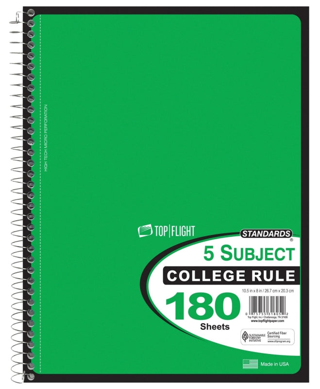 Top Flight Standards 5-Subject Wirebound Notebook, 180 Sheets, 3-Hole Punched, College Rule, 10.5 x 8 Inches, 1 Notebook, Color May Vary (31805)
