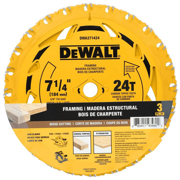 DEWALT 7-1/4 in Circular Saw Blade 24 Tooth with 5/8 in Arbor (3 Pack) (DWA271424PK3)