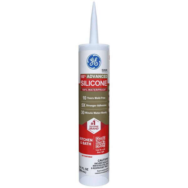 GE Advanced Silicone Caulk for Kitchen & Bathroom, Clear, 10 fl oz Cartridge, 1 Pack - 100% Waterproof Silicone Sealant, 5X Stronger Adhesion, Shrink & Crack Proof 2812562
