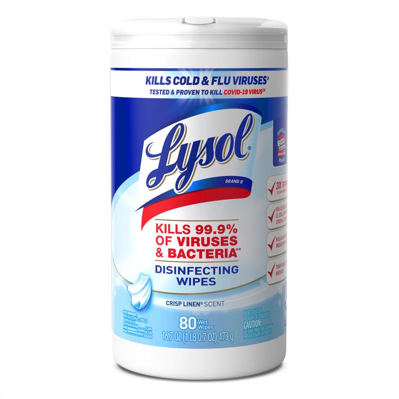 LYSOL 89346CT Disinfecting Wipes, Crisp Linen Scent, 7 x 8, 80/Canister, 6 Canister/Carton