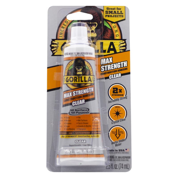 Gorilla Max Strength Construction Adhesive, Clear Glue, 2.5 Ounce Squeeze Tube (Pack of 1) - Gap Filling and Waterproof 105045