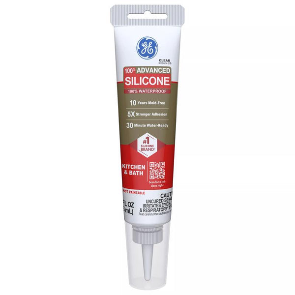 GE Advanced Silicone Caulk for Kitchen & Bathroom - 100% Waterproof Silicone Sealant, 5X Stronger Adhesion, Shrink & Crack Proof - 2.8 fl oz Tube, Clear, 1 Pack 2812563