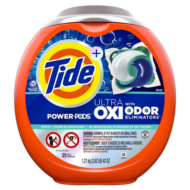 Tide Odor Defense + Oxi Laundry Detergent Pacs, Original Scent, 25 Count, Advanced Odor + Stain Fighter, laudry soap washing detergent pacs