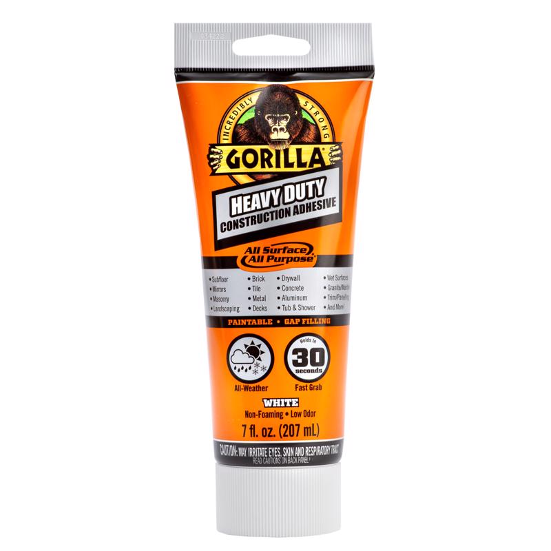 Gorilla Heavy Duty Construction Adhesive, 7 Ounce Squeeze Tube, White, (Pack of 1)