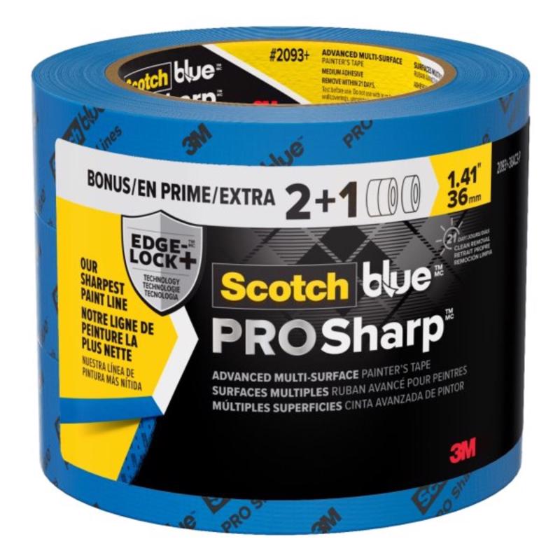 ScotchBlue Sharp Lines Multi-Surface Painter's Tape, 1.41 Inches x 60 Yards, 3 Rolls, Blue, Paint Tape Protects Surfaces and Removes Easily, Edge-Lock Painting Tape for Indoor and Outdoor Use