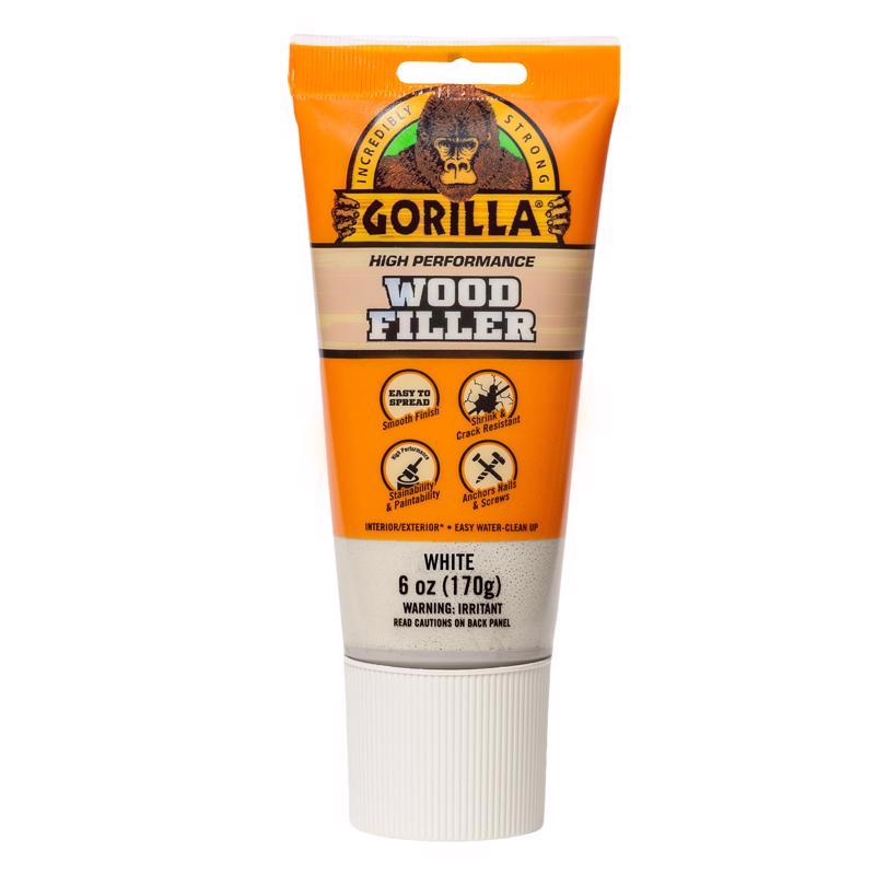 Gorilla All Purpose Wood Filler, White Wood Filler, 6 Ounce Tube (Pack of 1) - Water Resistant for Indoor or Outdoor Projects and Repairs
