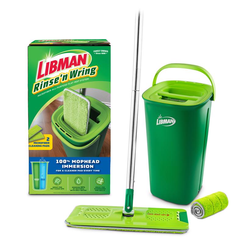 Libman Rinse 'n Wring Mop and Bucket System | Microfiber Floor Mop | Hardwood Floor Cleaner | Wet & Dry Mop | Clean & Dirty Water Chambers | Power Blades | 2 Total Microfiber Pads,Green