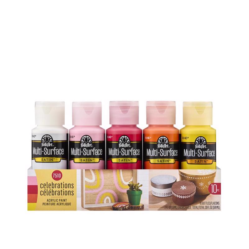 FolkArt Color, 10 Bottle Multi-Surface Acrylic Paint Set, 2oz, Celebrations, 20 Fl Oz (Pack of 1)