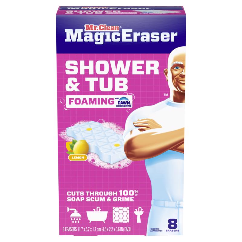 Mr. Clean Magic Eraser Sponge, Bathroom, Shower, Tub Cleaner, Soap Scum Remover, Bathroom Cleaning Supplies, Dawn Cleaning Power with Lemon Scent, Shower & Tub, 8ct