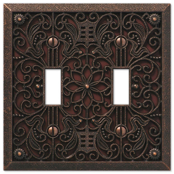 Amerelle 65TTDB Filigree Wallplate, 2 Toggle, Cast Metal, Aged Bronze, 1-Pack