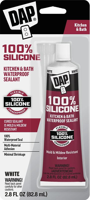 DAP 100% Silicone Rubber Kitchen, Bath & Plumbing Bath Sealant, White, 2.8 oz (7079800950)