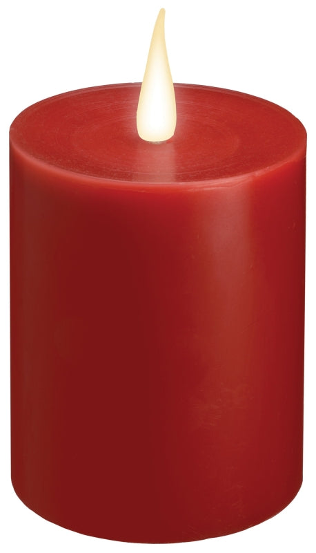 Xodus Innovations WC1684R 4 inch Flameless Battery Operated LED Wax Pillar Candle with Automatic Timer and Warm White 3D Flickering Flame, Red