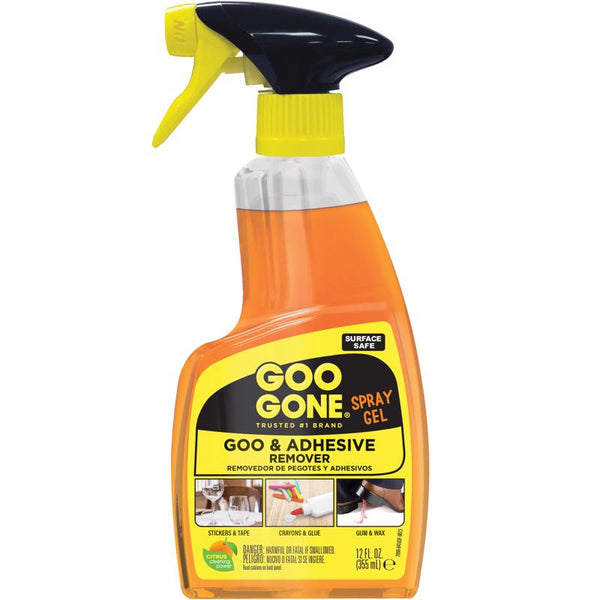 Goo Gone Adhesive Remover Spray Gel Removes Chewing Gum Grease Tar Stickers Labels Tape Residue Oil Blood Lipstick Mascara Shoe Polish Crayon Ounce, Orange, original, 12 Fl Oz 2096
