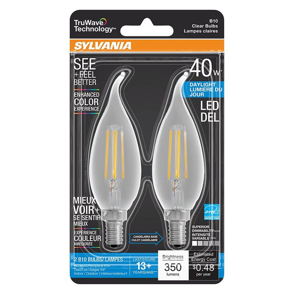 Ledvance SYLVANIA LED TruWave Natural Series Décor B10 Light Bulb, 40W Equivalent, Efficient 4W, Candelabra Base, 350 Lumens, Dimmable, Clear 5000K, Daylight (40791), 2 Pack,Soft White