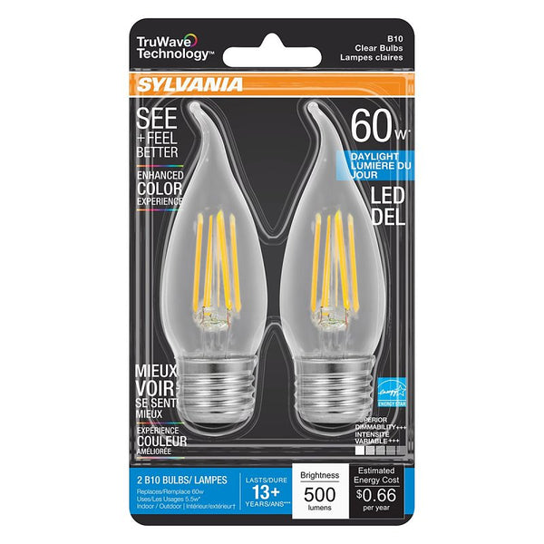Ledvance SYLVANIA LED TruWave Natural Series Candelabra Light Bulb, 60W Daylight Medium Base, Dimmable, Clear, Candle Tip - 2 Pack 40760