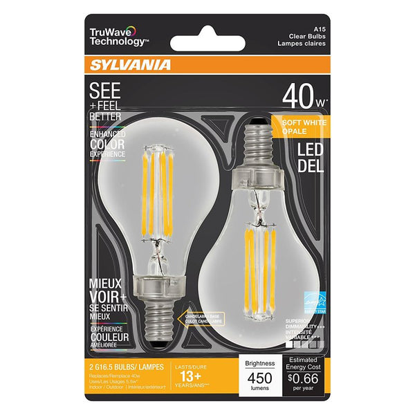 Ledvance SYLVANIA LED TruWave Natural Series Ceiling Fan / Fixture Light Bulb, 40W A15 Soft White Candelabra Base, Dimmable, Clear - 2 Pack 40774