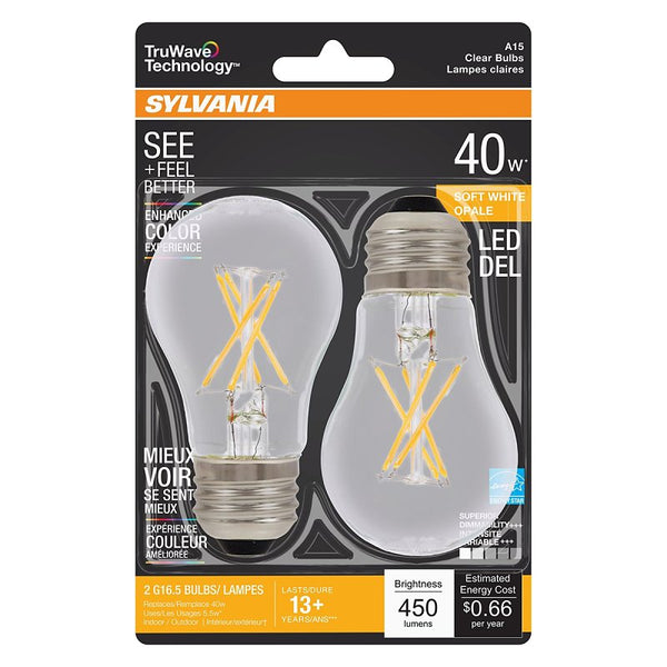 Ledvance SYLVANIA LED TruWave Natural Series Ceiling Fan / Fixture Light Bulb, 40W A15 Soft White Medium Base, Dimmable, Clear - 2 Pack 40761