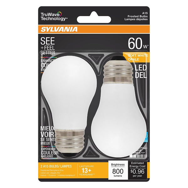 Ledvance SYLVANIA LED TruWave Natural Series Ceiling Fan / Fixture Light Bulb, 60W A15 Soft White Medium Base, Dimmable, Frosted - 2 Pack 40763