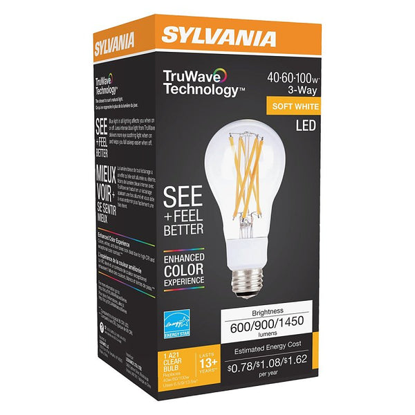 Ledvance SYLVANIA LED TruWave Natural Series 3-Way A21 Light Bulb, 40/60/100W Equivalent Efficient 6.5/9/13.5W, Medium Base, Clear, 2700K, Soft White - 1 Pack (40769)