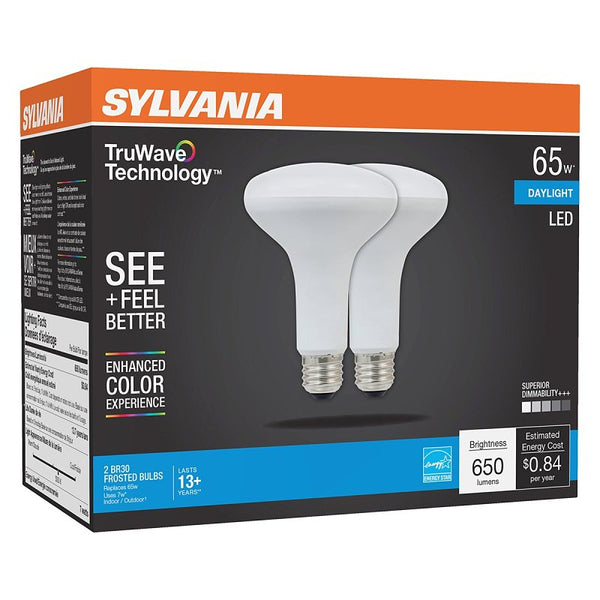 Ledvance Sylvania LED TruWave Natural Series BR30 Light Bulb, 65W Equivalent, Efficient 7W, Medium Base, Dimmable, Frosted, 5000K, Daylight (40730), 2 Count (Pack of 1),White
