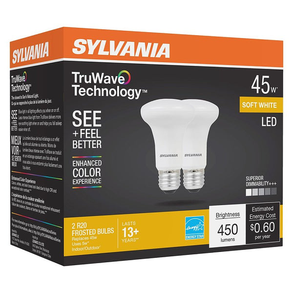 LEDVANCE Sylvania LED TruWave Natural Series R20 Light Bulb, 50W Equivalent Efficient 5W, Medium Base, Dimmable Frosted 2700K Soft White, 2 Pack (40788)