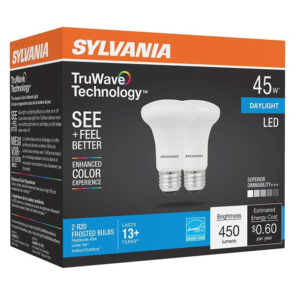 Ledvance Sylvania LED TruWave Natural Series R20 Light Bulb, 50W Equivalent Efficient 5W, Medium Base, Dimmable, Frosted, 5000K, Daylight - 2 Pack (40790)