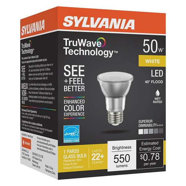 Ledvance SYLVANIA LED TruWave Natural Series PAR20 Light Bulb, 50W Equivalent, Efficient 6W, Medium Base, Dimmable, 3000K, White - 1 Pack (40920)