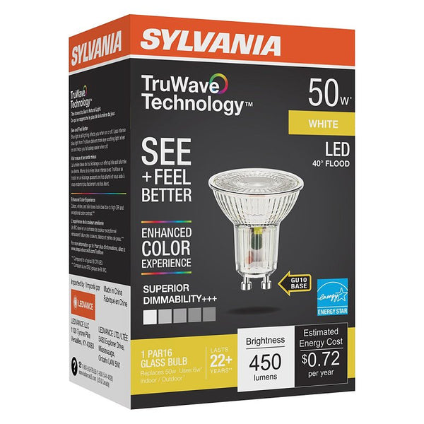 LEDVANCE Sylvania LED TruWave Natural Series PAR16 Light Bulb, 50W Equivalent Efficient 6W, GU10 Bi-Pin Base, Dimmable 3000K Neutral White, 1 Pack (40932)