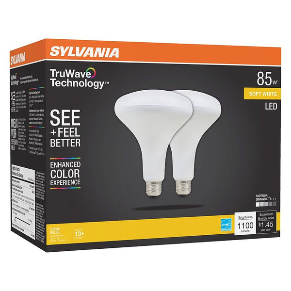 LEDVANCE Sylvania LED TruWave Natural Series BR40 Light Bulb, 85W Equivalent Efficient 12W, Medium Base, Dimmable Frosted 2700K Soft White, 2 Pack (40785)