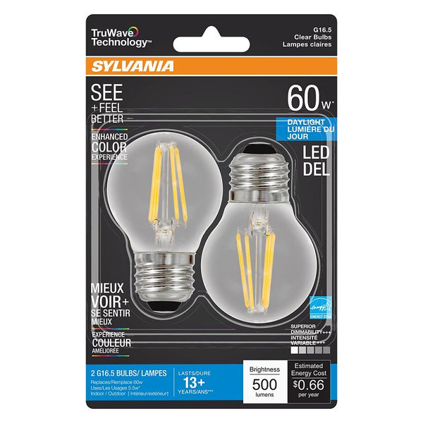 SYLVANIA 40851 - LED5.5G16.5DIM950CL13YTLBL2 8/CS 2/SKU G16 5 Globe LED Light Bulb