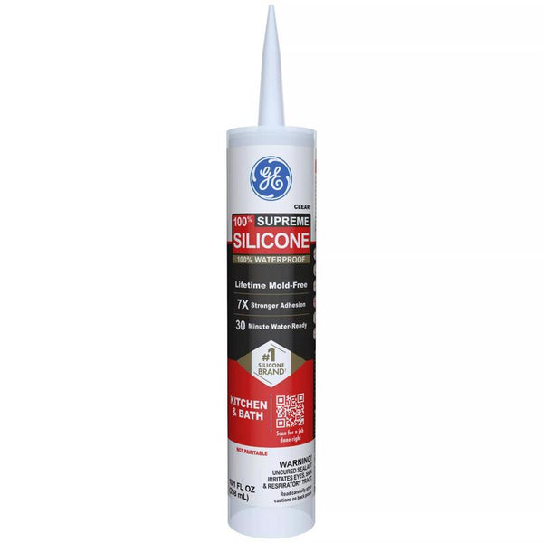 GE Supreme Silicone Caulk for Kitchen & Bathroom - 100% Waterproof Silicone Sealant, 7X Stronger Adhesion, Shrink & Crack Proof - 10 oz Cartridge, Clear, Pack of 1 2822051