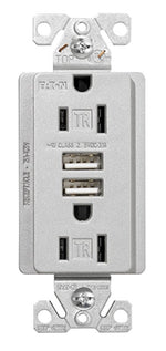 Arrow Hart 3.6A USB Type A Charger with TR Duplex Receptacle 15A/125V, Silver Granite TR7755SG-KB-L