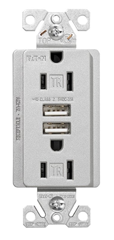 Arrow Hart 3.6A USB Type A Charger with TR Duplex Receptacle 15A/125V, Silver Granite TR7755SG-KB-L
