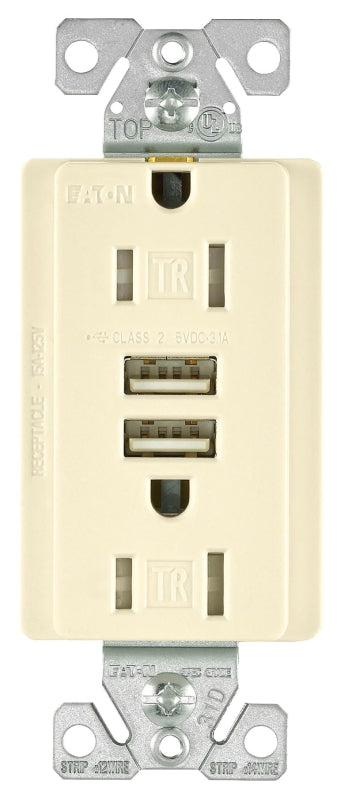 Arrow Hart Eaton 3.6A USB Type A Charger with TR Duplex Receptacle 15A/125V, Light Almond TR7765LA-KB-L