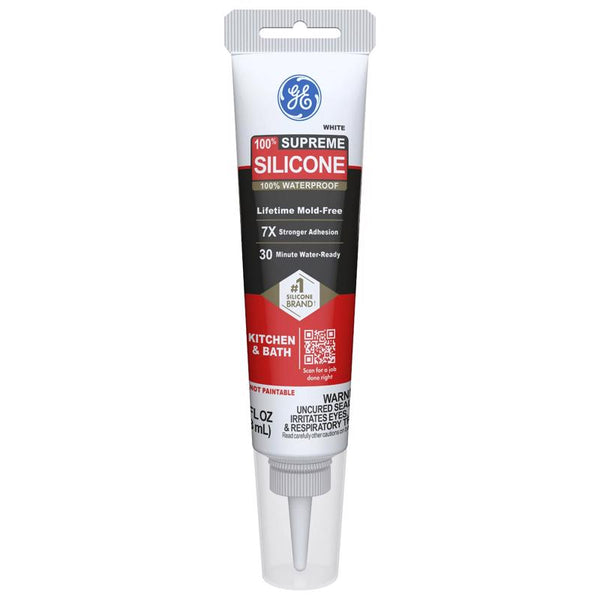GE Supreme Silicone Caulk for Kitchen & Bathroom, White, 2.8 fl oz Tube, 1 Pack - 100% Waterproof Silicone Sealant, 7X Stronger Adhesion, Shrink & Crack Proof 2823400