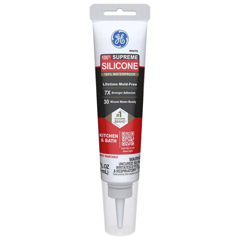 GE Supreme Silicone Caulk for Kitchen & Bathroom, White, 2.8 fl oz Tube, 1 Pack - 100% Waterproof Silicone Sealant, 7X Stronger Adhesion, Shrink & Crack Proof