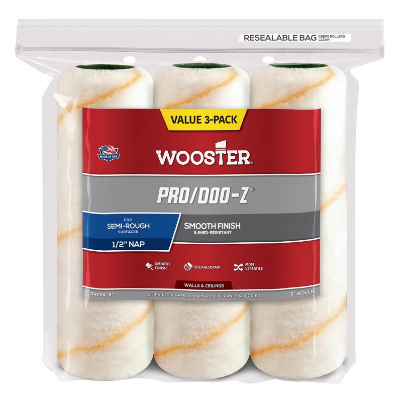 Wooster Brush RR724-9 Pro/Doo-Z Roller Cover, 1/2 Inch Nap, 9 Inch (3-Pack), White