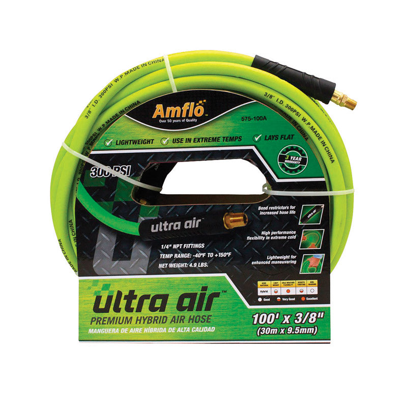 Amflo Ultra Air 100 ft. L x 3/8 in. Dia. Rubber/PVC Hybrid Air Hose 300 psi Green