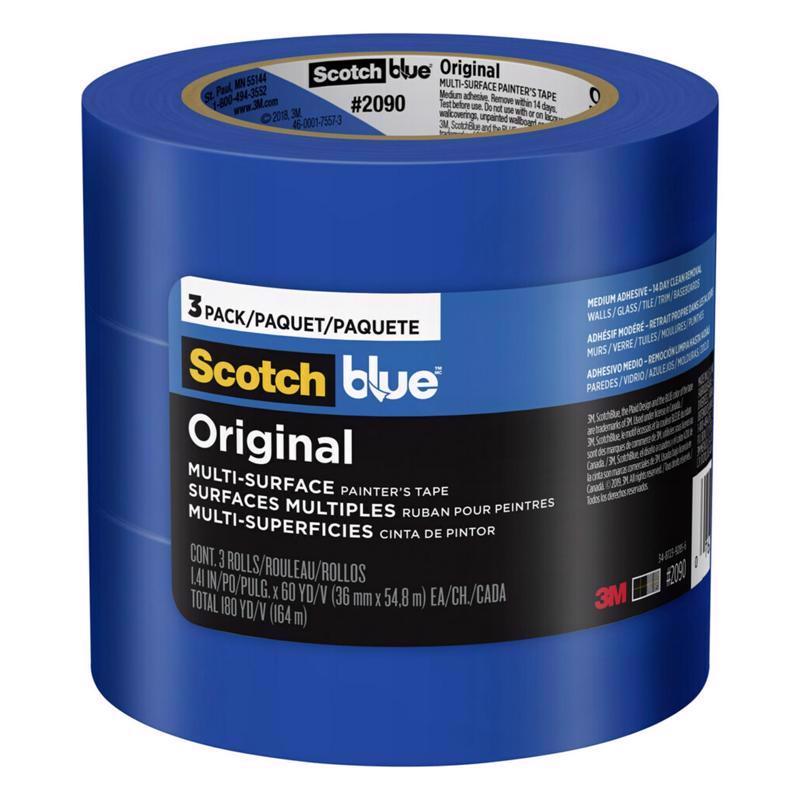 ScotchBlue Original Multi-Surface Painters Tape, 1.5 Inch Wide (1.41 In. x 60 Yds) 3 Rolls, Blue Paint Tape Protects Surfaces and Removes Easily, Masking Tape for Indoor and Outdoor Use (2090-36AP3)