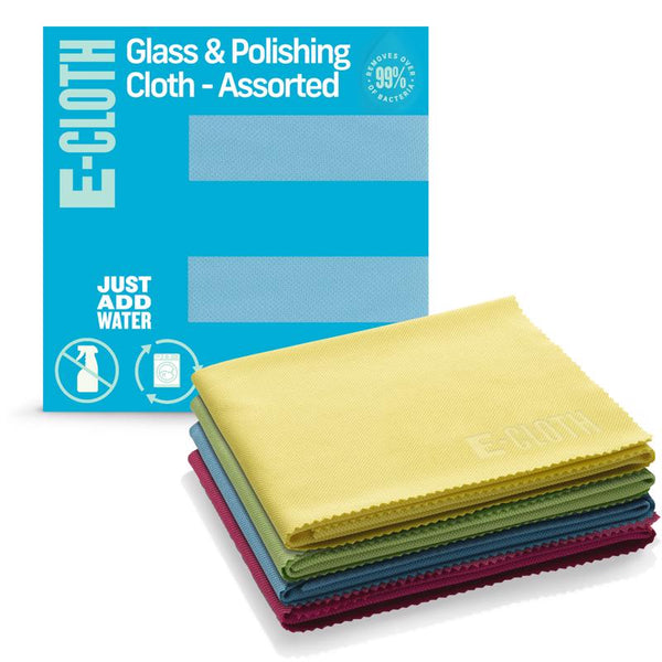 E-Cloth Glass & Polishing Cloth - Microfiber Cleaning Towel Cloth for Windows, Cars, Mirrors, Eyeglasses, & More, Streak Free Clean, Reusable & Machine Washable - Assorted Colors (4 Pack) 10904