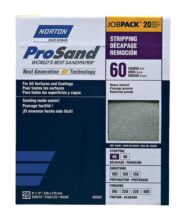 Norton Sandpaper, ProSand Sand Paper for Wood, Metal and Fiberglass, 60 Grit Sanding Sheets, Coarse Sandpaper, Pack of 20 07660768175