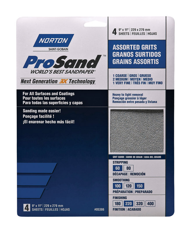 Norton 05386 9-Inch X 11-Inch 3X Assorted Grit Sand Paper, 4-Pack
